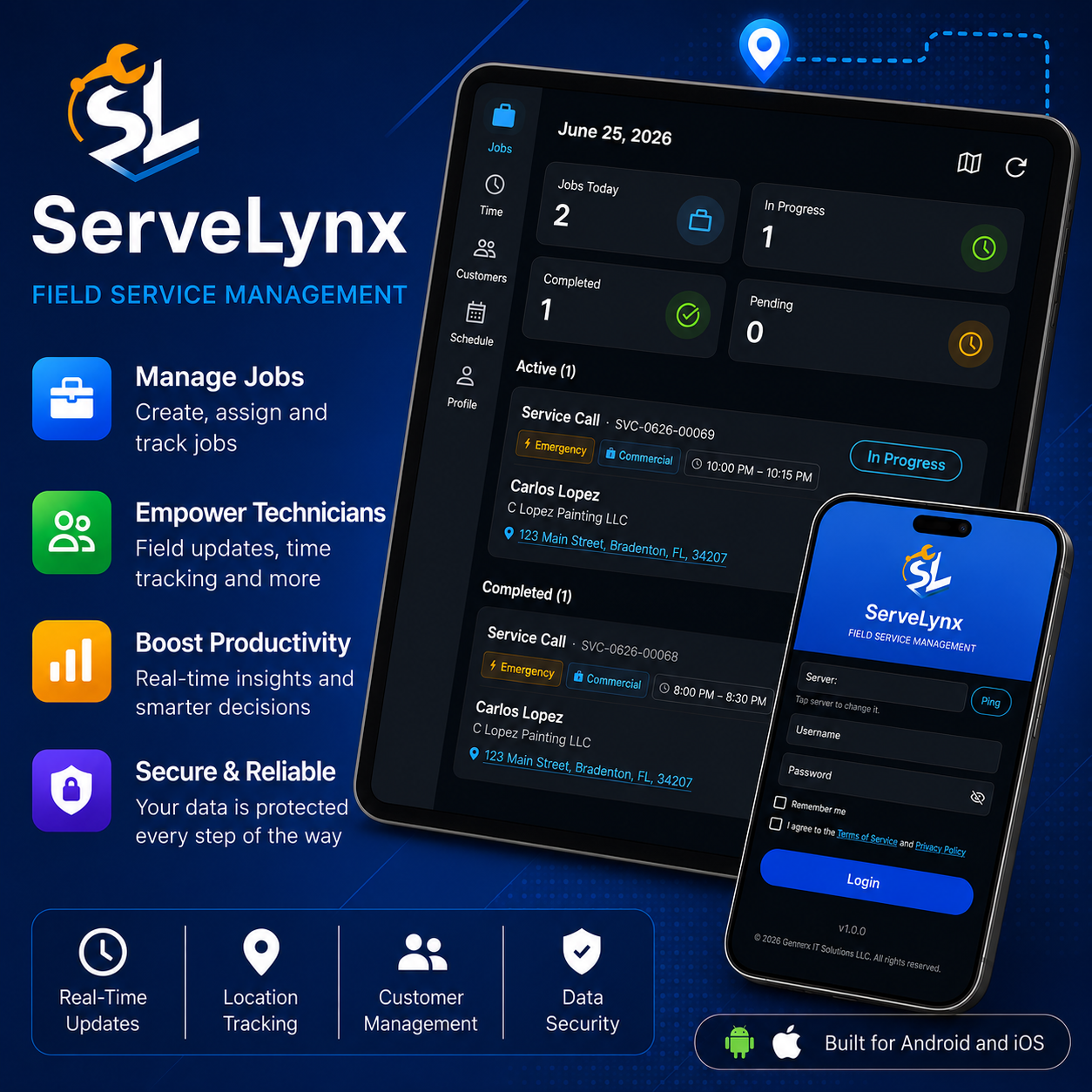 ServeLynx mobile app on tablet and phone, available for Android and iOS